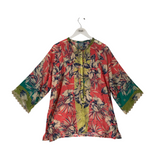 JOHNNY WAS PRINT 3/4 SLEEVE DESIGNER BLOUSE PINK GREEN LARGE