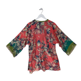 JOHNNY WAS PRINT 3/4 SLEEVE DESIGNER BLOUSE PINK GREEN LARGE