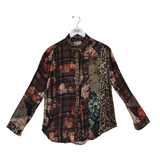 JOHNNY WAS SILK PRINT LONG SLEEVE DESIGNER BLOUSE BROWN PINK XSMALL