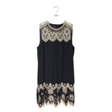 KOBI HALPERIN NWT$698 EMBROIDERED SLEEVELESS DESIGNER DRESS BLACK CREAM XLARGE