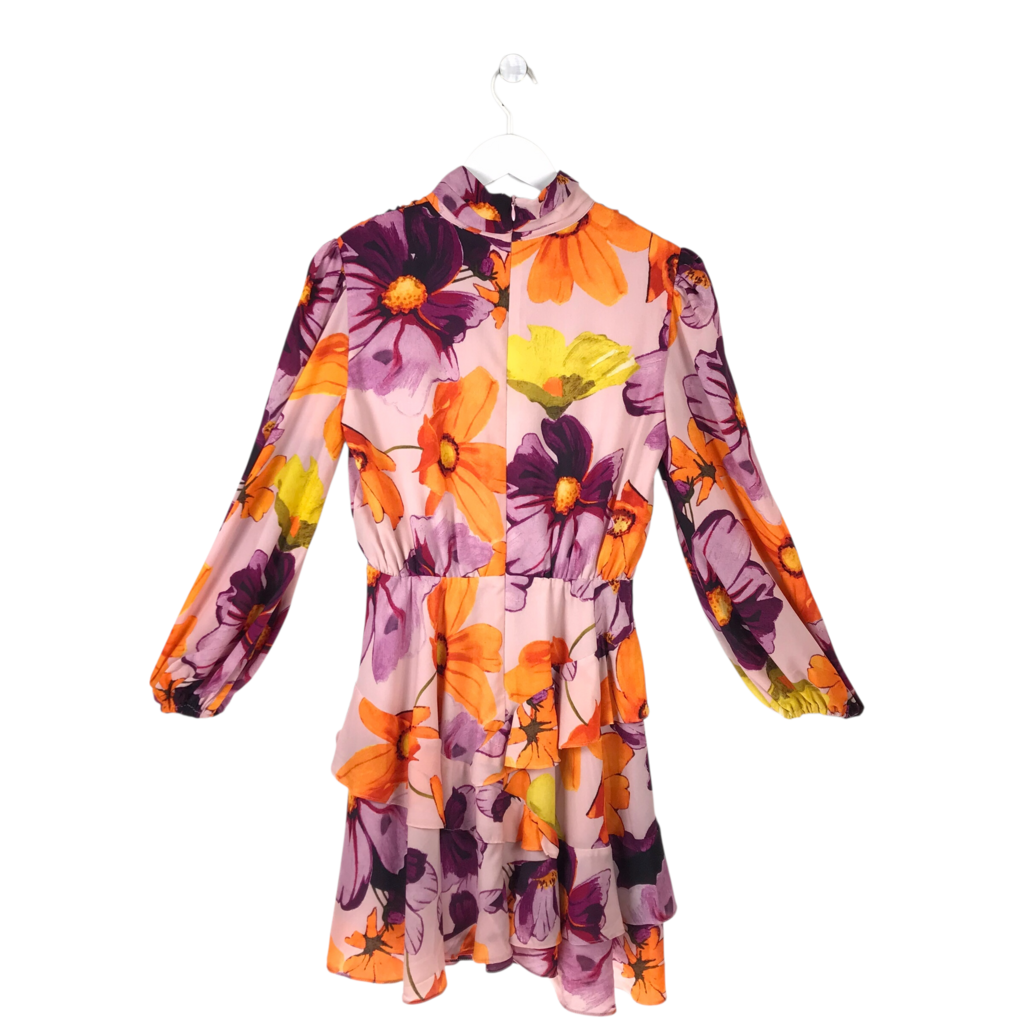 ELLIATT RET$318 AS IS FLORAL DESIGNER DRESS PINK ORANGE SMALL