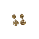 TORY BURCH DANGLE LOGO EARRINGS GOLDTONE