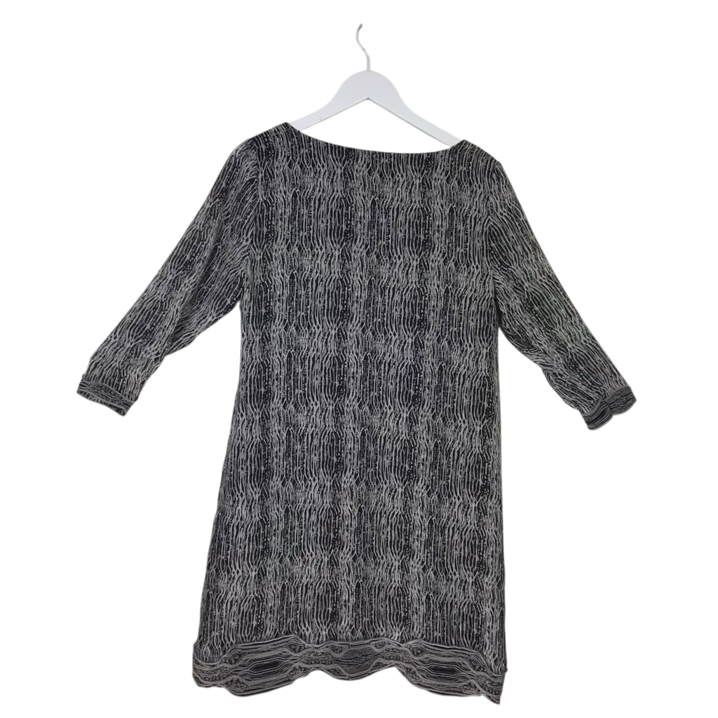 DIANE VON FURSTENBERG PRINT 3/4 SLEEVE DESIGNER DRESS GREY BLACK 14