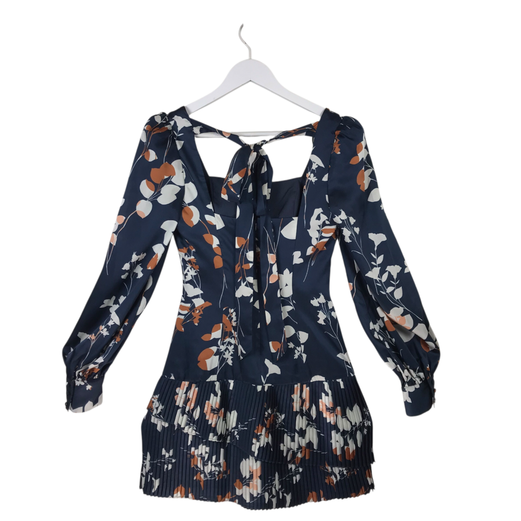 MONIQUE LHUILLIER FLORAL LONG SLEEVE DESIGNER DRESS NAVY CREME 2