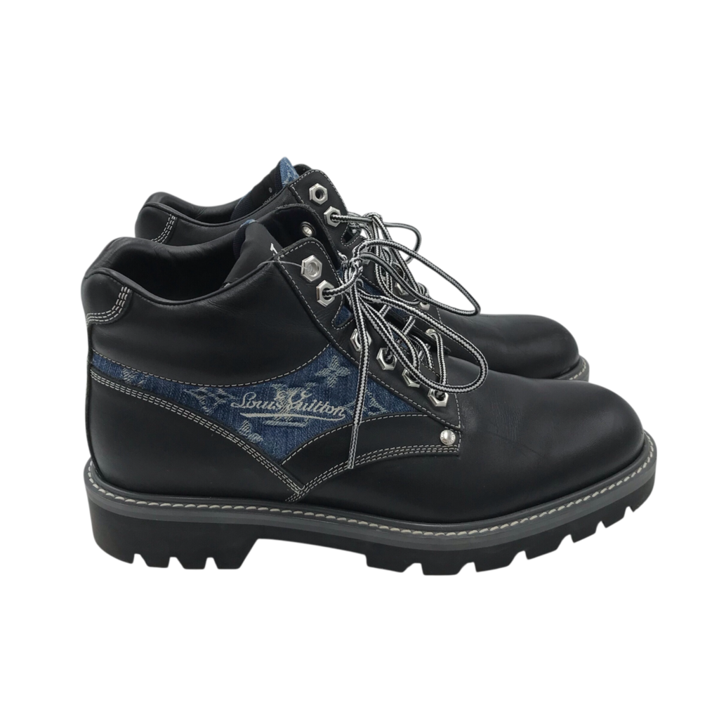 LOUIS VUITTON OBERKAMPF LEATHER MEN BOOTS BLACK/BLUE 7.5