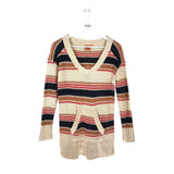 TORY BURCH STRIPE LONG SLEEVE KANGAROO POUCH POCKET DESIGNER SWEATER CREAM NAVY SMALL