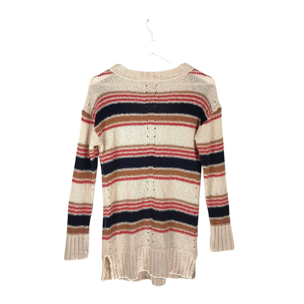 TORY BURCH STRIPE LONG SLEEVE KANGAROO POUCH POCKET DESIGNER SWEATER CREAM NAVY SMALL