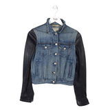 RAG & BONE DENIM LEATHER SLEEVES DESIGNER JACKET BLUE BLACK SMALL