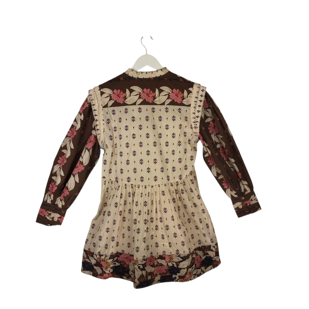 FARM RIO NWT$260 FLORAL LONG SLEEVE DESIGNER DRESS CREAM BROWN SMALL