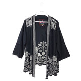 JOHNNY WAS RET$295 EMBROIDERED OPEN FRONT DESIGNER KIMONO BLACK WHITE MEDIUM