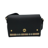 BURBERRY RET:$1595 NOTE LEATHER & VINTAGE CHECK CROSSBODY LUXE HANDBAG BLACK