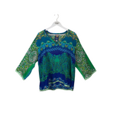 JOHNNY WAS SILK 3/4 SLEEVE DESIGNER TOP GREEN BLUE MEDIUM