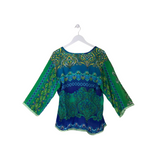 JOHNNY WAS SILK 3/4 SLEEVE DESIGNER TOP GREEN BLUE MEDIUM