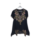 JOHNNY WAS RET$235 EMBROIDERED TUNIC SHORT SLEEVE DESIGNER TOP GREY TAN SMALL