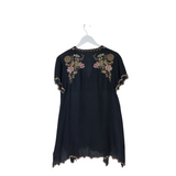 JOHNNY WAS RET$235 EMBROIDERED TUNIC SHORT SLEEVE DESIGNER TOP GREY TAN SMALL