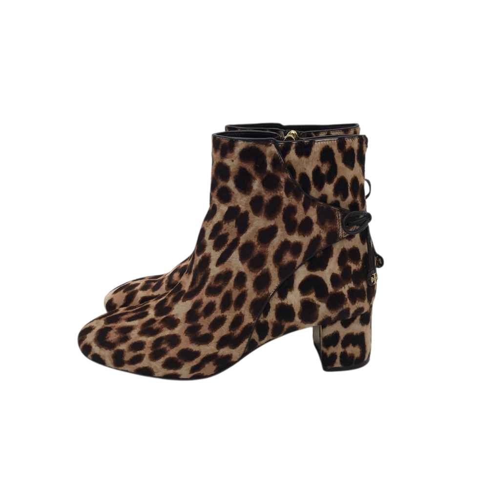 TORY BURCH CALF HAIR ANIMAL PRINT ANKLE BOOTIE BOOTS CREAM BLACK 7.5