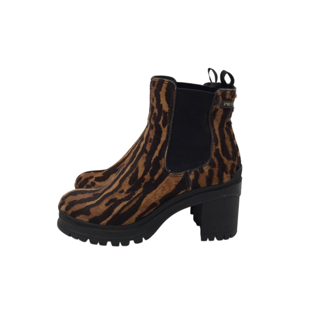 PRADA OCELOT-PRINT CALF HAIR CHELSEA LUXE BOOTS BROWN/BLACK 37.5