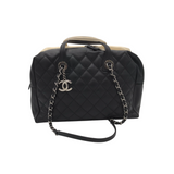 CHANEL LEATHER FEATHERWEIGHT BOWLING BAG LUXE HANDBAG BLACK/IVORY