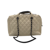 CHANEL LEATHER FEATHERWEIGHT BOWLING BAG LUXE HANDBAG BLACK/IVORY