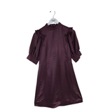 RUFFLE TRIM PUFF SLEEVE DESIGNER DRESS MAROON 4