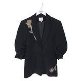CINQ À SEPT ROSE APPLIQUE RUCHED SLEEVE DESIGNER BLAZER BLACK GOLD 10
