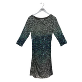 KAY UNGER NWT PRINT RUCHED 3/4 SLEEVE DESIGNER DRESS GREY GREEN 12