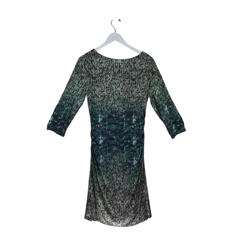 KAY UNGER NWT PRINT RUCHED 3/4 SLEEVE DESIGNER DRESS GREY GREEN 12