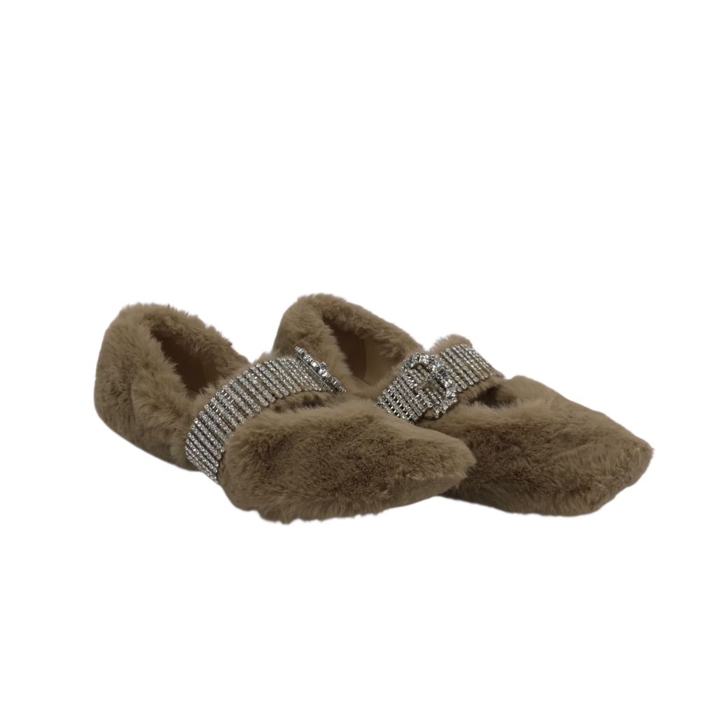 JIMMY CHOO "KRISTA" FAUX-FUR BALLERINA FLATS LUXE SHOES BEIGE 38.5