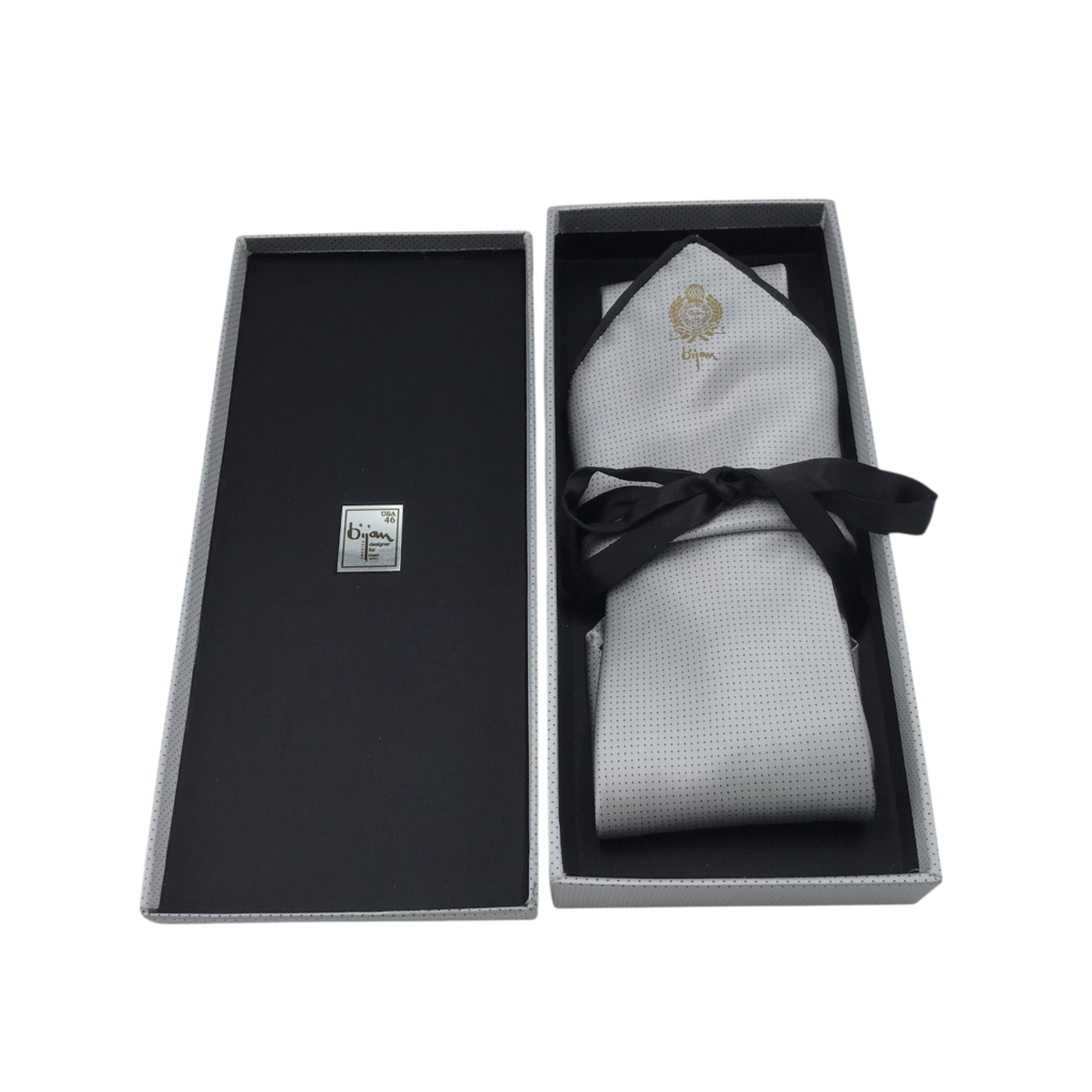 BIJAN 2PC SILK TIE/POCKET SQUARE MEN TIE GRAY BLACK