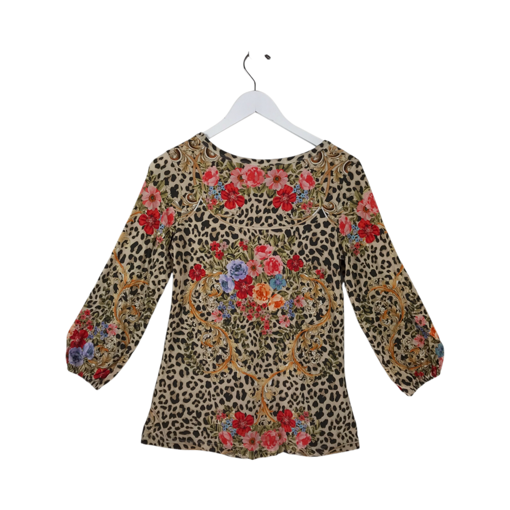 JOHNNY WAS PRINT LONG SLEEVE DESIGNER TOP CREME RED XSMALL