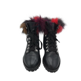 FOX FUR TRIM ANKLE DESIGNER BOOTS BLACK RED 6.5