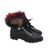 FOX FUR TRIM ANKLE DESIGNER BOOTS BLACK RED 6.5