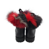 FOX FUR TRIM ANKLE DESIGNER BOOTS BLACK RED 6.5