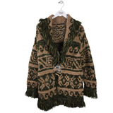 NWT$575 100% WOOL CHUNKY KNIT DESIGNER CARDIGAN GREEN TAN LARGE
