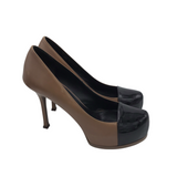 YSL TRIBUTE TWO CAP TOE PLATFORM PUMPS LUXE SHOES BLACK/BROWN 37