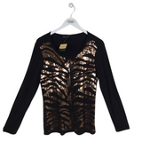 ELIZABETH'S BOUTIQUE SEQUIN LONG SLEEVE DESIGNER TOP BLACK GOLD MEDIUM