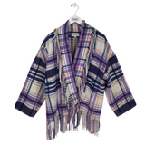 RET$430 FRINGE PLAID DESIGNER JACKET PURPLE BLUE SMALL