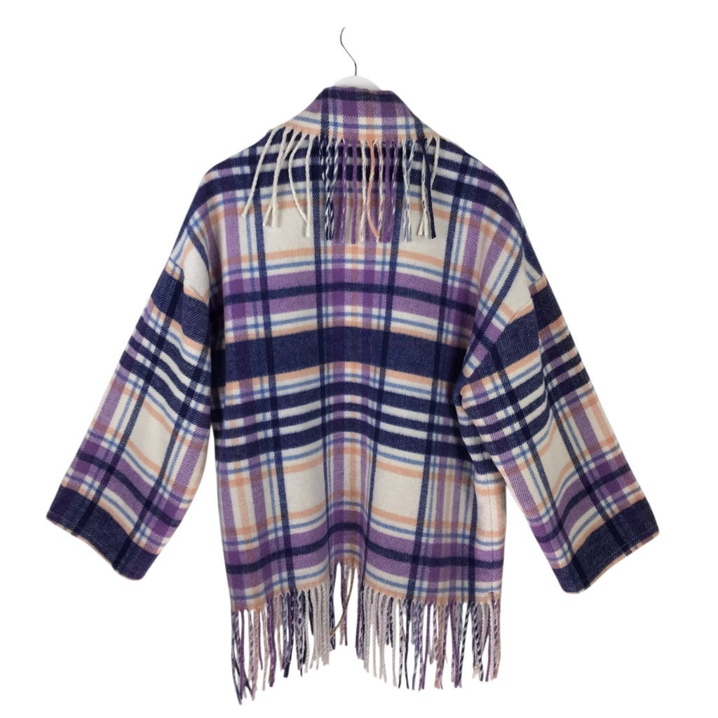 RET$430 FRINGE PLAID DESIGNER JACKET PURPLE BLUE SMALL