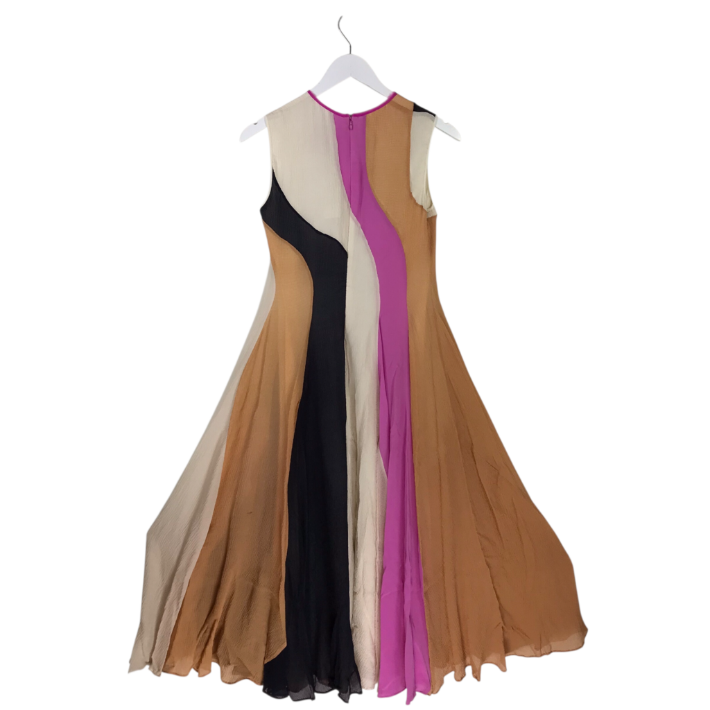 MAXI PANELED SLEEVELESS DESIGNER DRESS TAN PINK SMALL