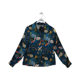 NWT$365 PRINT LONG SLEEVE DESIGNER BLOUSE BLUE YELLOW MEDIUM