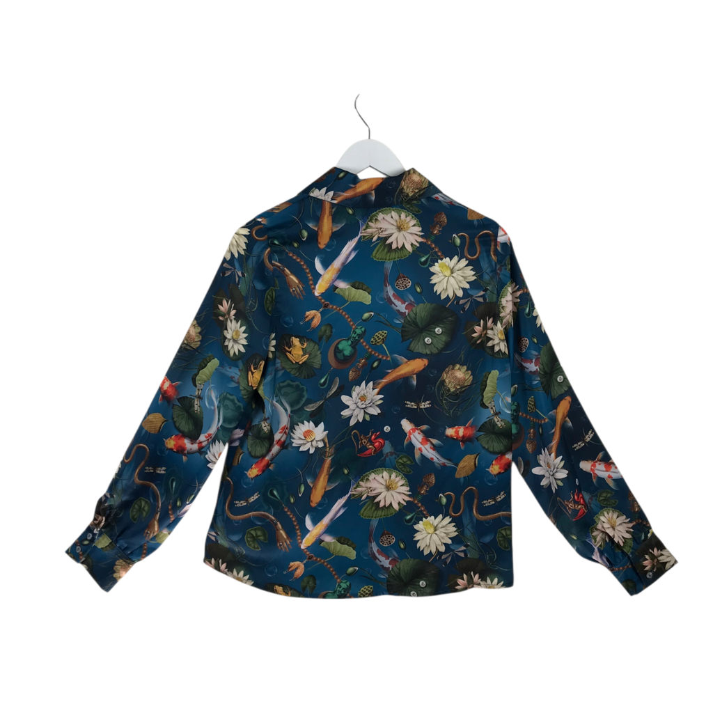 NWT$365 PRINT LONG SLEEVE DESIGNER BLOUSE BLUE YELLOW MEDIUM