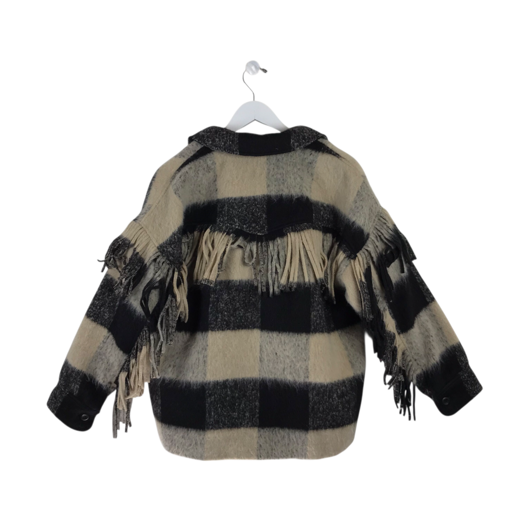 PLAID FRINGE CROP JACKET BLACK BEIGE SMALL