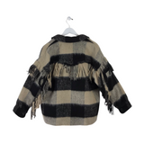 PLAID FRINGE CROP JACKET BLACK BEIGE SMALL