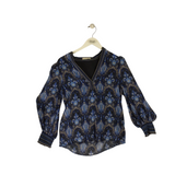 ALICE + OLIVIA SILK PRINT LONG SLEEVE DESIGNER TOP BLUE WHITE LARGE