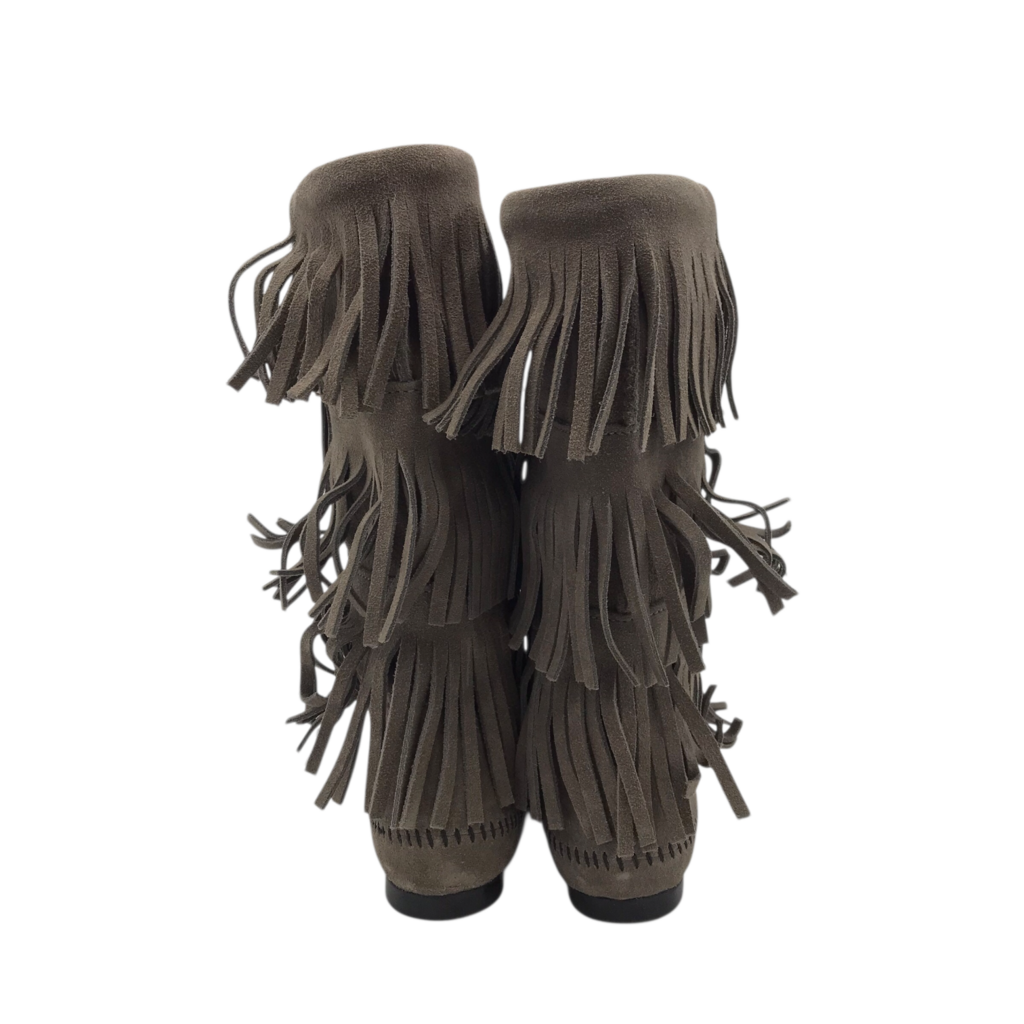 MINNETONKA RET$134 FRINGE CALF SHOES GRAY 7