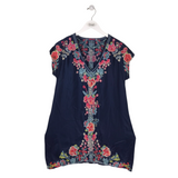 JOHNNY WAS EMBROIDERED CAP SLEEVE DESIGNER DRESS NAVY PINK X SMALL