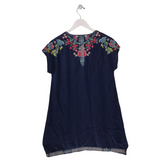 JOHNNY WAS EMBROIDERED CAP SLEEVE DESIGNER DRESS NAVY PINK X SMALL