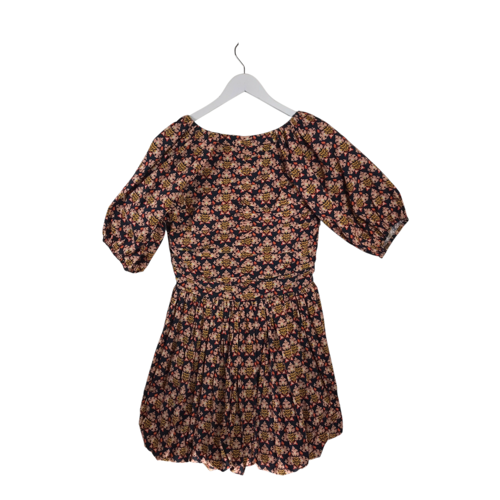PRINT PUFF SLEEVE DESIGNER DRESS NAVY PEACH MEDIUM