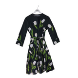OSCAR DE LA RENTA FLORAL 3/4 SLEEVE DESIGNER DRESS BLACK GREEN 12