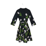 OSCAR DE LA RENTA FLORAL 3/4 SLEEVE DESIGNER DRESS BLACK GREEN 12